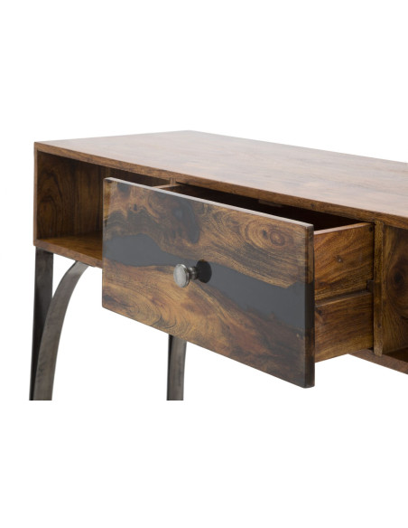 Console moderne 1 tiroir 2 niches en Bois d'acacia Marron Métal Noir Mustang 