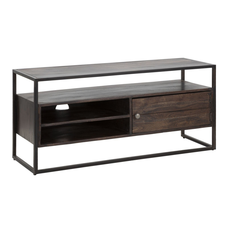 Meuble tv moderne 1 porte 2 niches 1 étagère en Bois d'acacia Marron Métal Noir Burn 