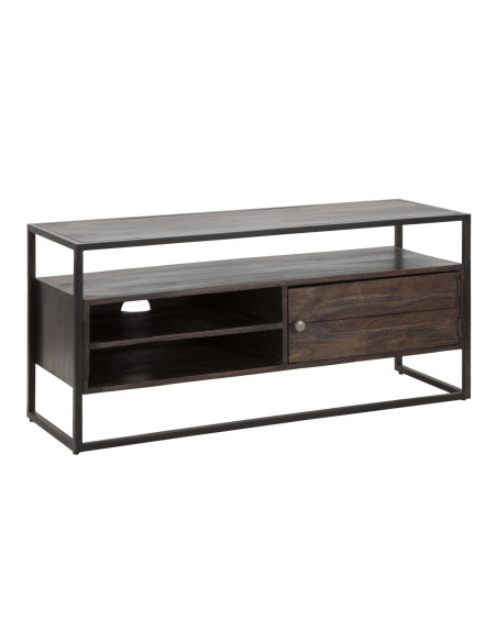 Meuble tv moderne 1 porte 2 niches 1 étagère en Bois d'acacia Marron Métal Noir Burn 