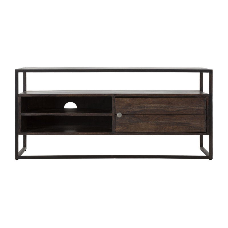 Meuble tv moderne 1 porte 2 niches 1 étagère en Bois d'acacia Marron Métal Noir Burn 
