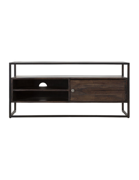 Meuble tv moderne 1 porte 2 niches 1 étagère en Bois d'acacia Marron Métal Noir Burn 