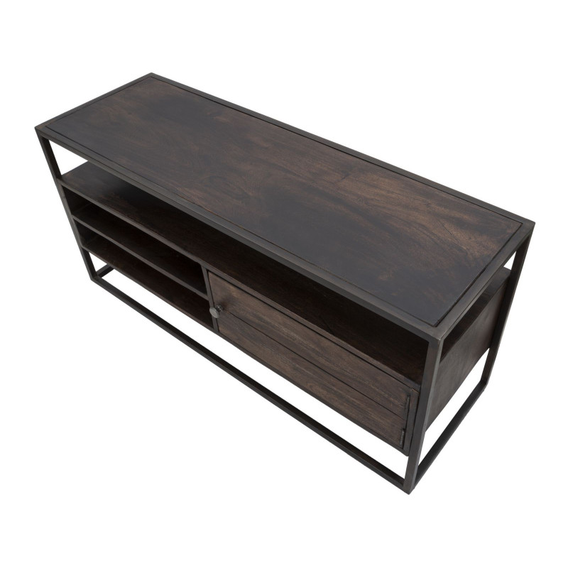 Meuble tv moderne 1 porte 2 niches 1 étagère en Bois d'acacia Marron Métal Noir Burn 