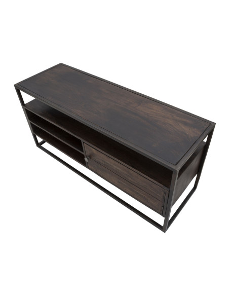 Meuble tv moderne 1 porte 2 niches 1 étagère en Bois d'acacia Marron Métal Noir Burn 