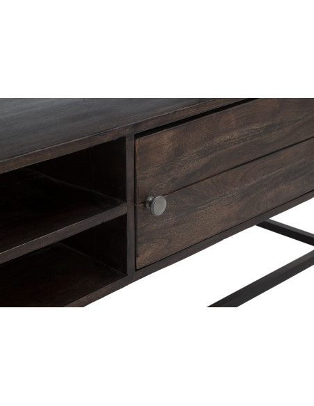 Meuble tv moderne 1 porte 2 niches 1 étagère en Bois d'acacia Marron Métal Noir Burn 