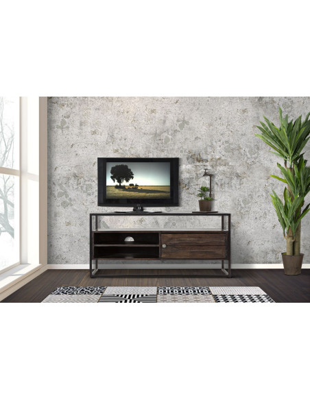Meuble tv moderne 1 porte 2 niches 1 étagère en Bois d'acacia Marron Métal Noir Burn 