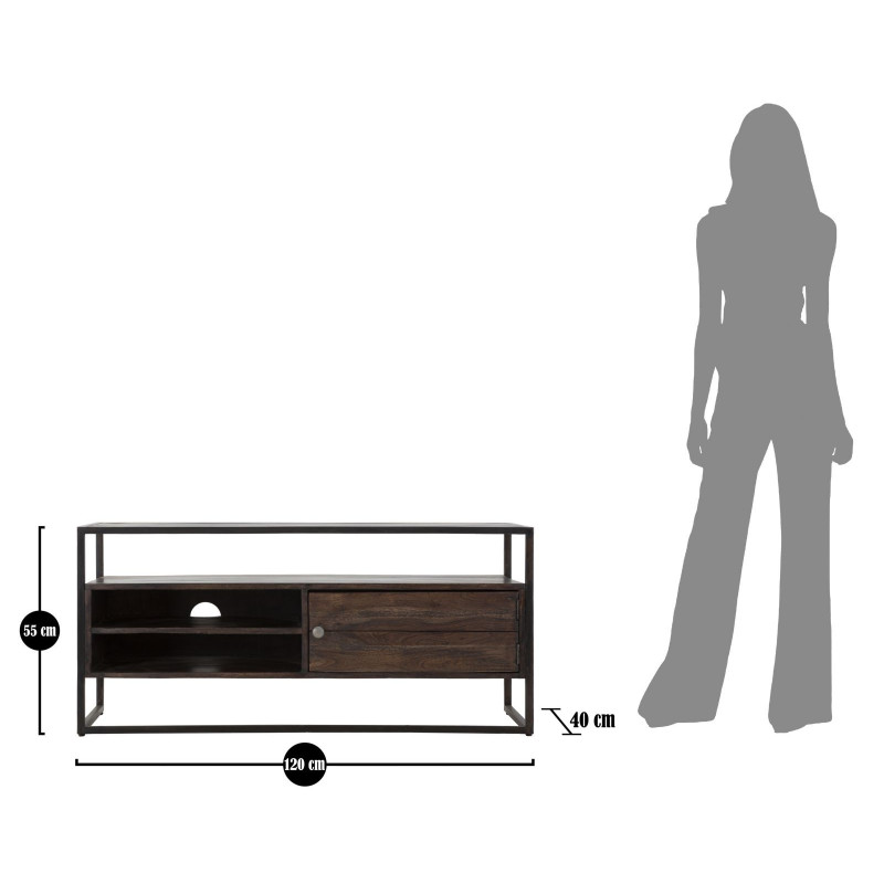 Meuble tv moderne 1 porte 2 niches 1 étagère en Bois d'acacia Marron Métal Noir Burn 
