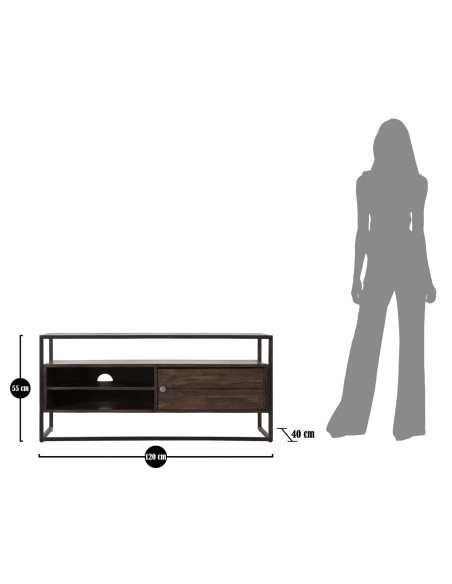 Meuble tv moderne 1 porte 2 niches 1 étagère en Bois d'acacia Marron Métal Noir Burn 
