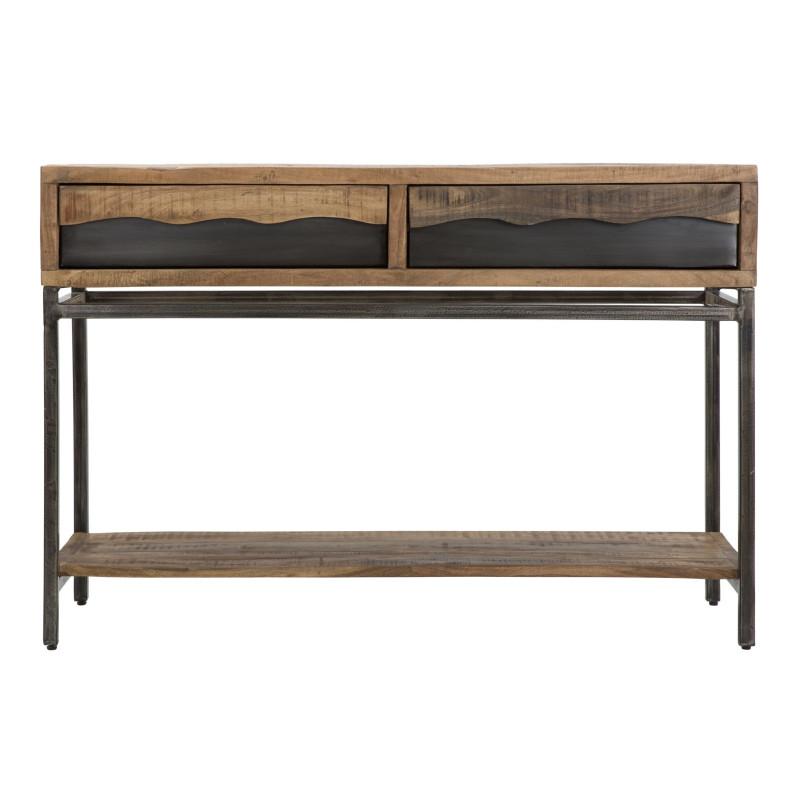 Console moderne Rectangulaire 2 tiroirs 1 étagère en Bois d'acacia Marron Métal Noir Yellowstone 