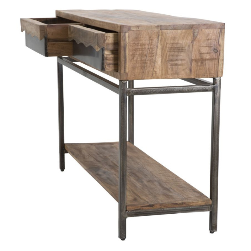 Console moderne Rectangulaire 2 tiroirs 1 étagère en Bois d'acacia Marron Métal Noir Yellowstone 