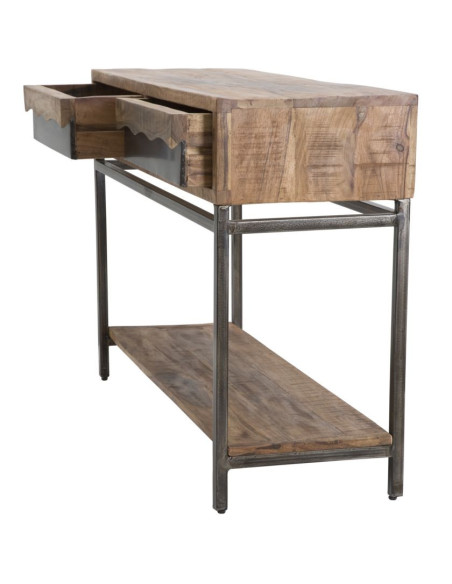 Console moderne Rectangulaire 2 tiroirs 1 étagère en Bois d'acacia Marron Métal Noir Yellowstone 