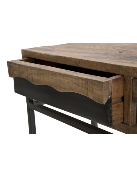Console moderne Rectangulaire 2 tiroirs 1 étagère en Bois d'acacia Marron Métal Noir Yellowstone 