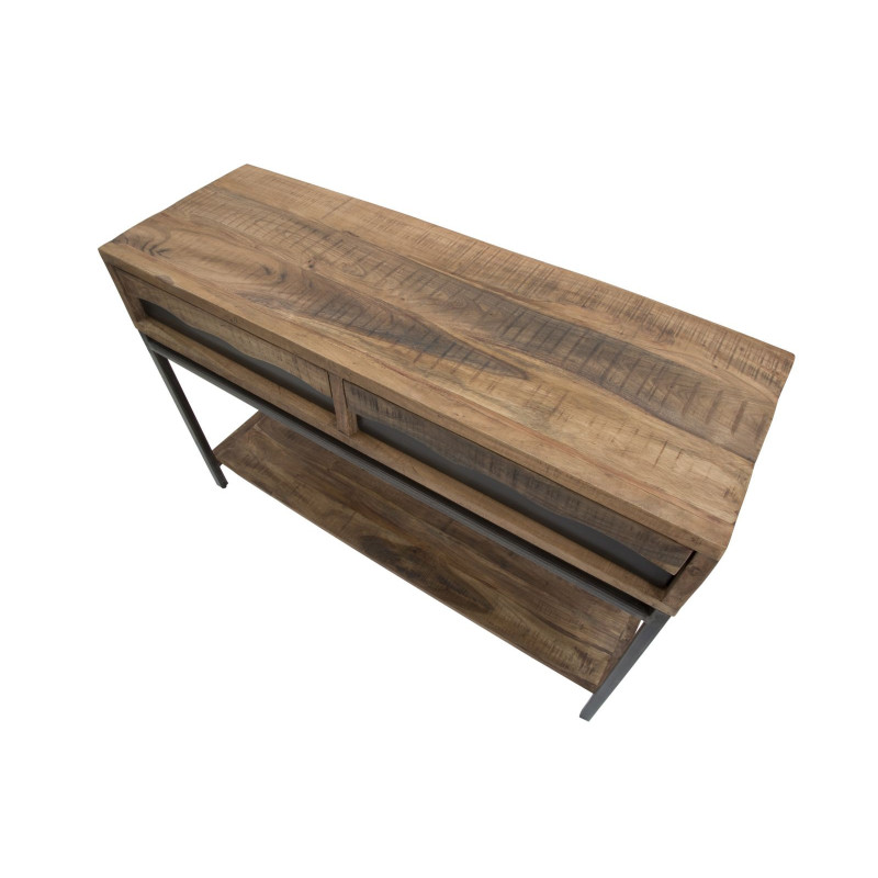 Console moderne Rectangulaire 2 tiroirs 1 étagère en Bois d'acacia Marron Métal Noir Yellowstone 