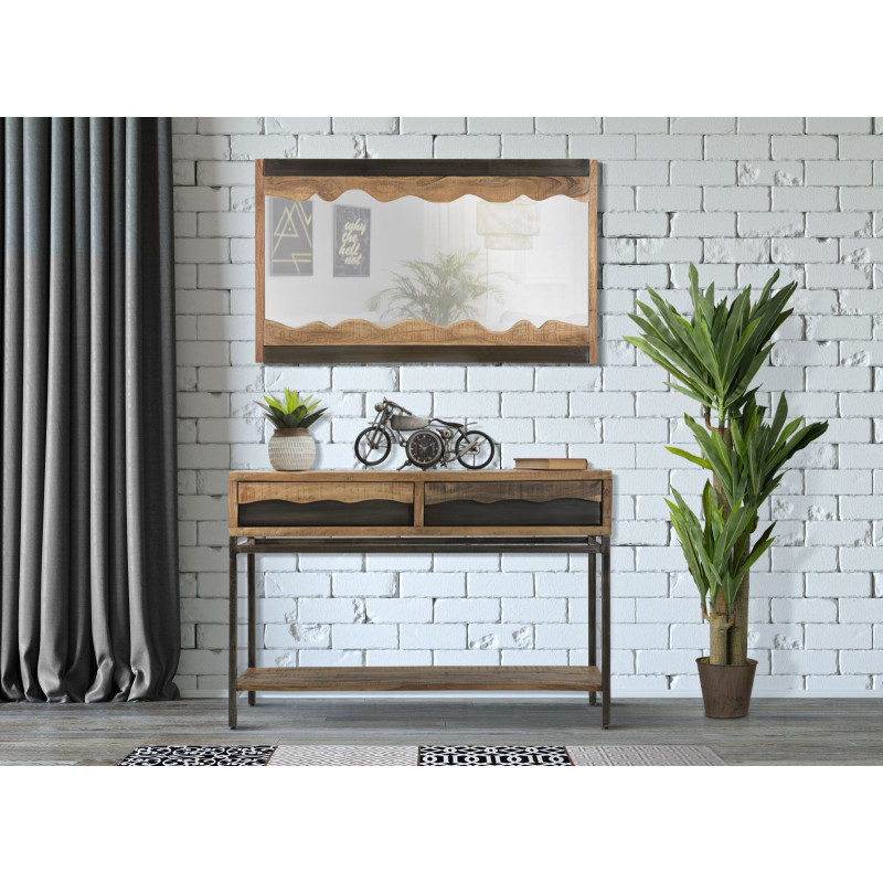 Console moderne Rectangulaire 2 tiroirs 1 étagère en Bois d'acacia Marron Métal Noir Yellowstone 
