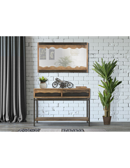 Console moderne Rectangulaire 2 tiroirs 1 étagère en Bois d'acacia Marron Métal Noir Yellowstone 