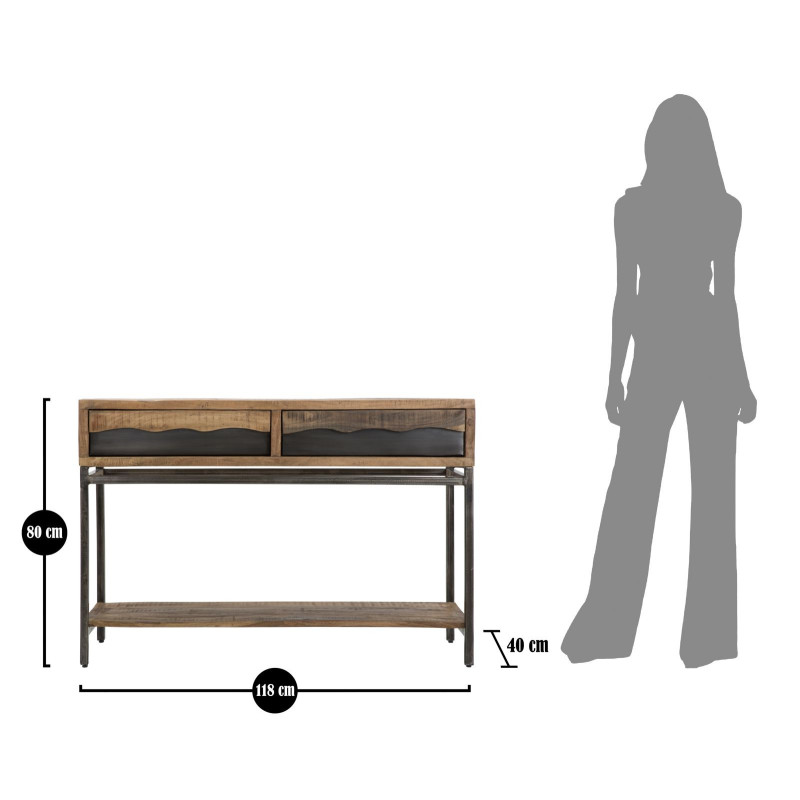 Console moderne Rectangulaire 2 tiroirs 1 étagère en Bois d'acacia Marron Métal Noir Yellowstone 