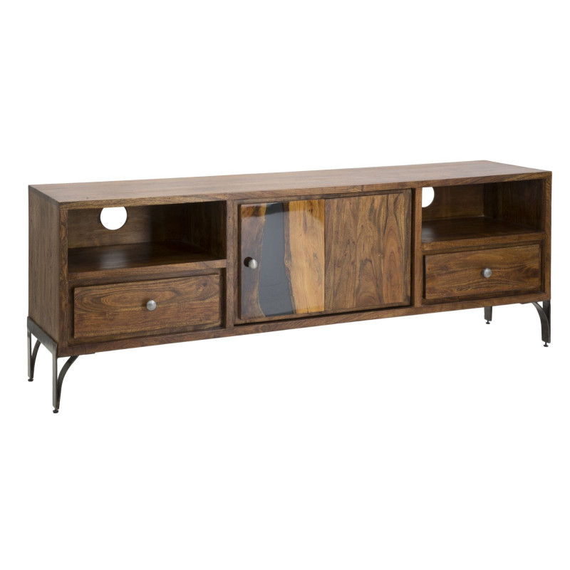 Meuble tv moderne 1 porte 2 tiroirs 1 niche en Bois d'acacia Marron Métal Noir Mustang 
