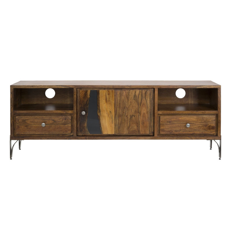 Meuble tv moderne 1 porte 2 tiroirs 1 niche en Bois d'acacia Marron Métal Noir Mustang 