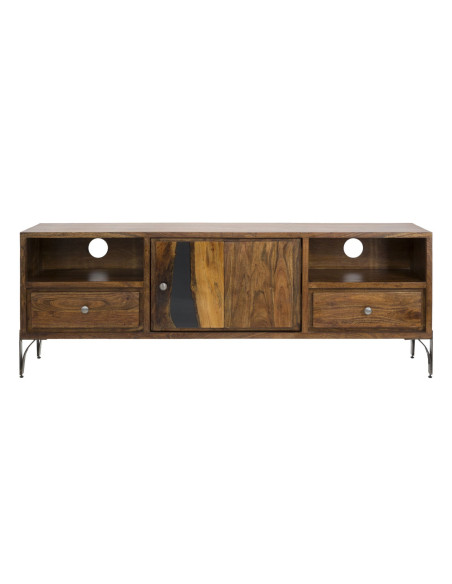Meuble tv moderne 1 porte 2 tiroirs 1 niche en Bois d'acacia Marron Métal Noir Mustang 