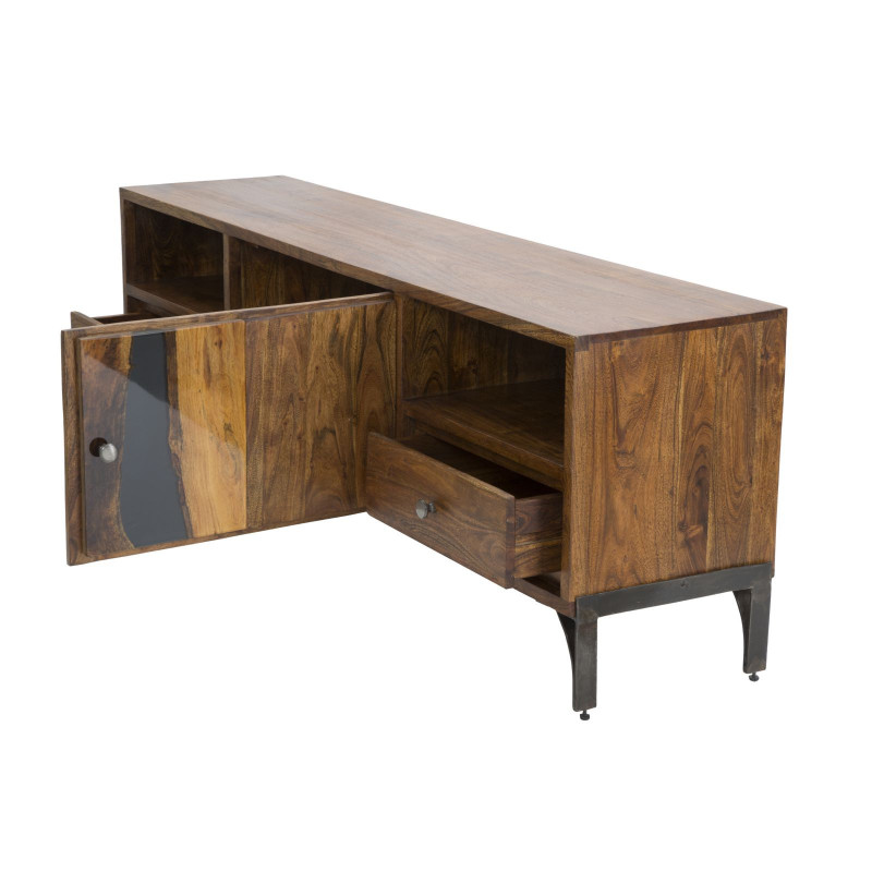 Meuble tv moderne 1 porte 2 tiroirs 1 niche en Bois d'acacia Marron Métal Noir Mustang 