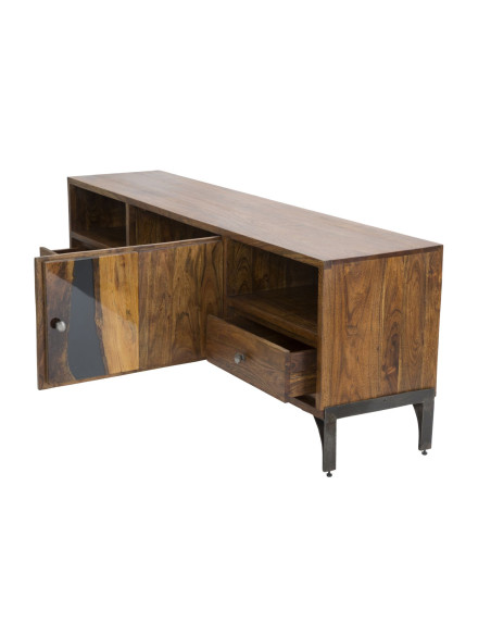 Meuble tv moderne 1 porte 2 tiroirs 1 niche en Bois d'acacia Marron Métal Noir Mustang 