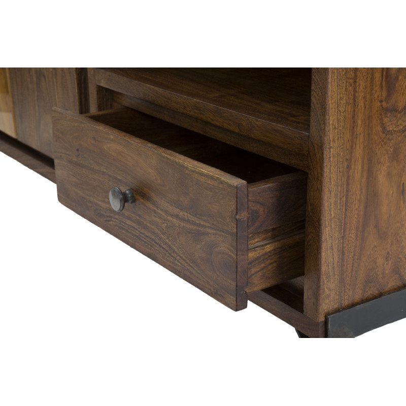 Meuble tv moderne 1 porte 2 tiroirs 1 niche en Bois d'acacia Marron Métal Noir Mustang 