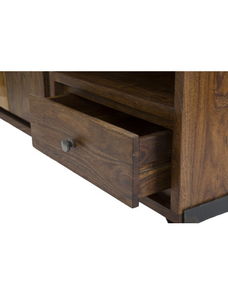 Meuble tv moderne 1 porte 2 tiroirs 1 niche en Bois d'acacia Marron Métal Noir Mustang 