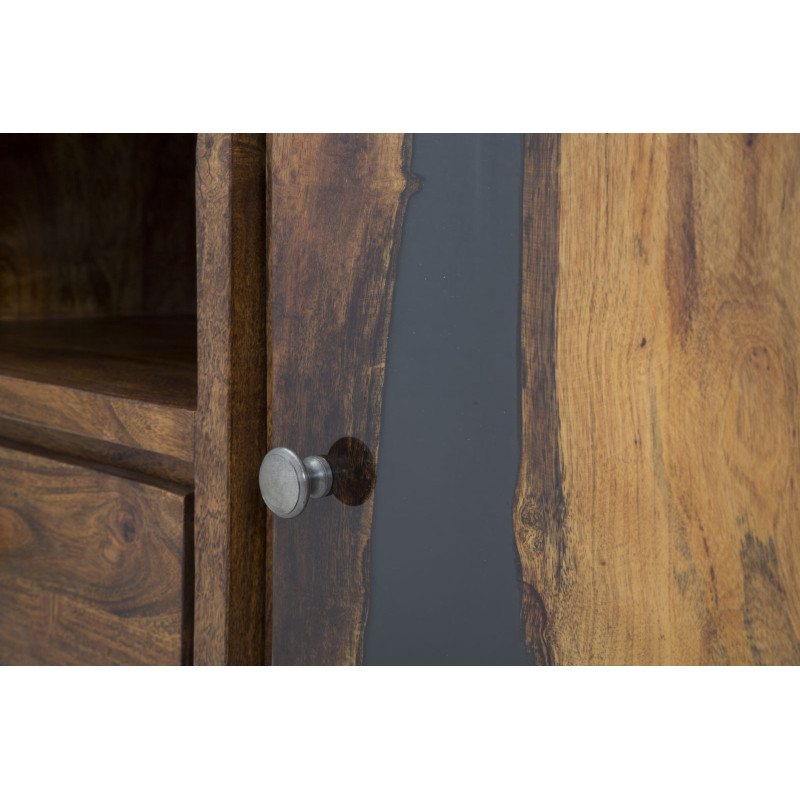 Meuble tv moderne 1 porte 2 tiroirs 1 niche en Bois d'acacia Marron Métal Noir Mustang 