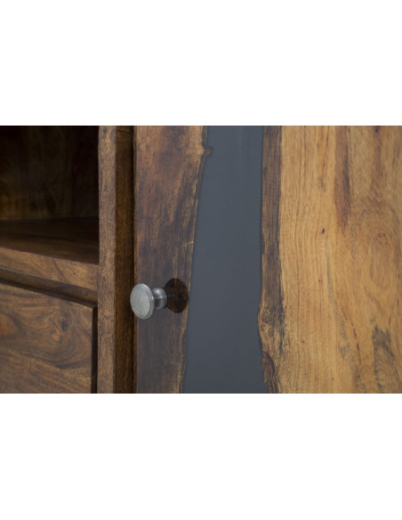 Meuble tv moderne 1 porte 2 tiroirs 1 niche en Bois d'acacia Marron Métal Noir Mustang 