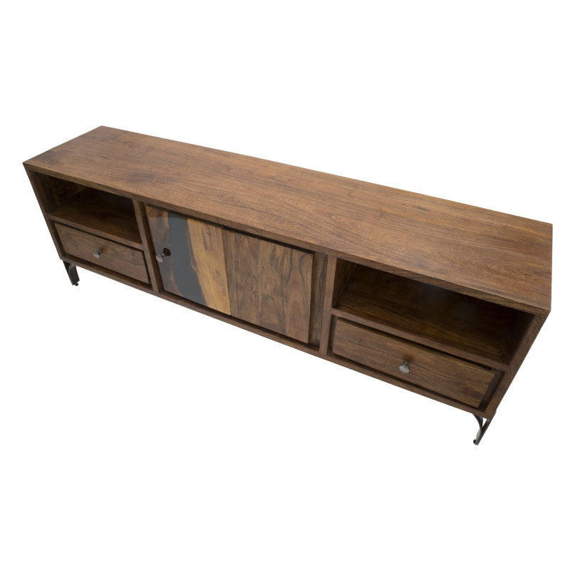Meuble tv moderne 1 porte 2 tiroirs 1 niche en Bois d'acacia Marron Métal Noir Mustang 