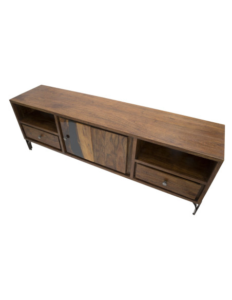 Meuble tv moderne 1 porte 2 tiroirs 1 niche en Bois d'acacia Marron Métal Noir Mustang 