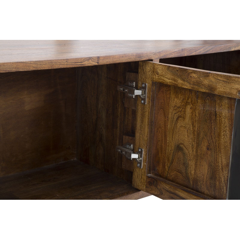 Meuble tv moderne 1 porte 2 tiroirs 1 niche en Bois d'acacia Marron Métal Noir Mustang 
