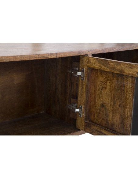 Meuble tv moderne 1 porte 2 tiroirs 1 niche en Bois d'acacia Marron Métal Noir Mustang 