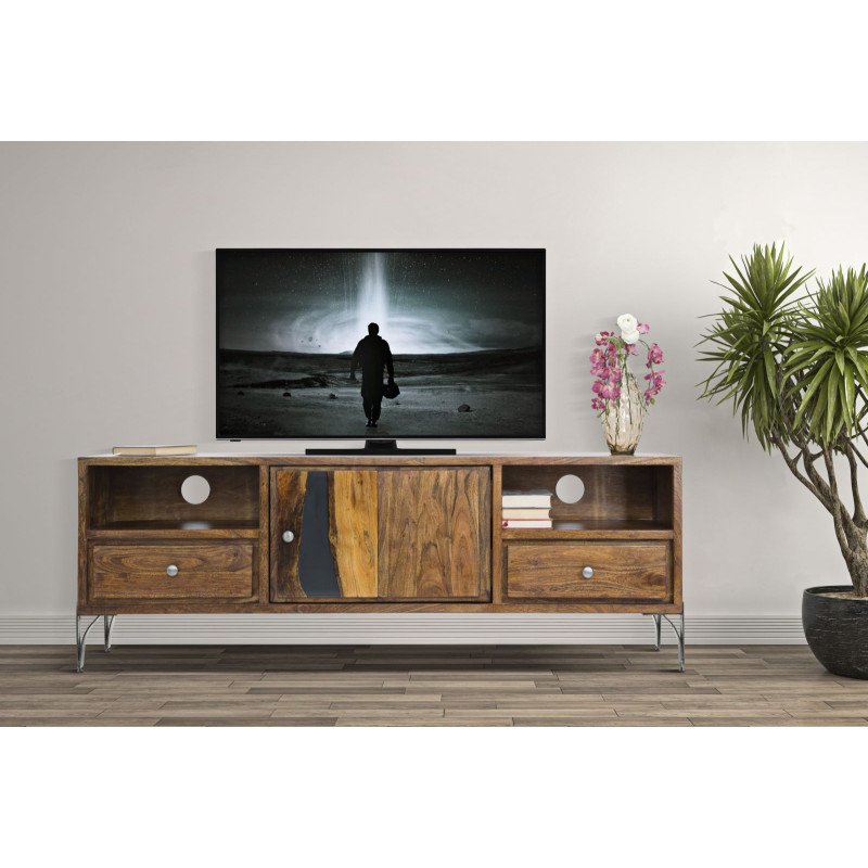 Meuble tv moderne 1 porte 2 tiroirs 1 niche en Bois d'acacia Marron Métal Noir Mustang 