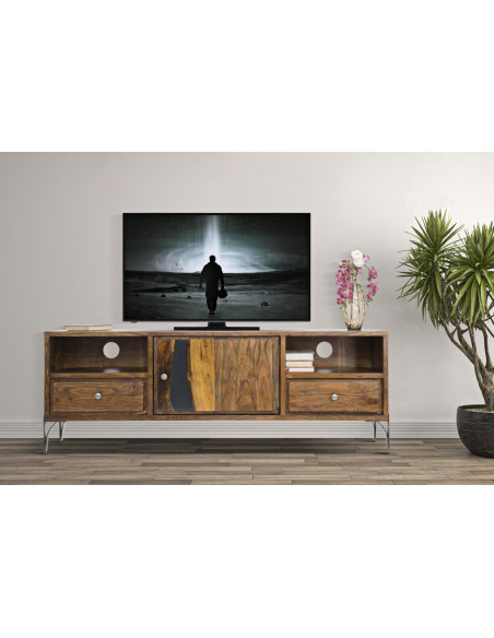 Meuble tv moderne 1 porte 2 tiroirs 1 niche en Bois d'acacia Marron Métal Noir Mustang 