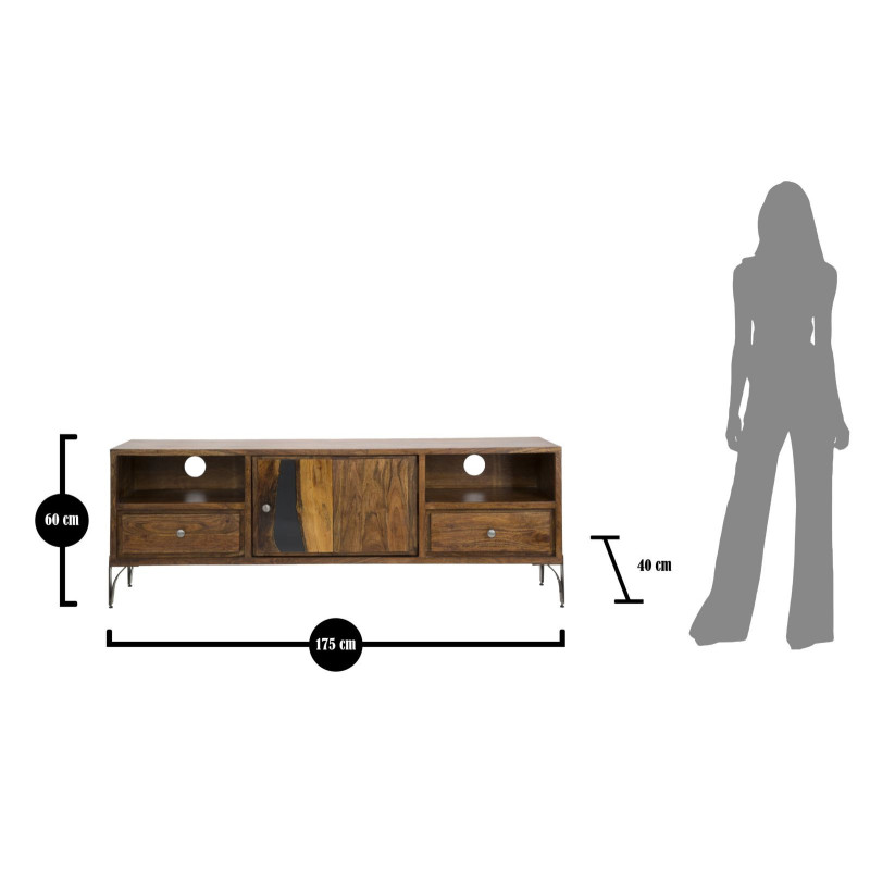 Meuble tv moderne 1 porte 2 tiroirs 1 niche en Bois d'acacia Marron Métal Noir Mustang 