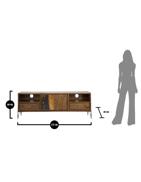 Meuble tv moderne 1 porte 2 tiroirs 1 niche en Bois d'acacia Marron Métal Noir Mustang 