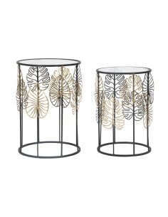Table d'appoint originale Ronde en Métal Noir Verre Motif feuilles Foglie (Lot de 2) 