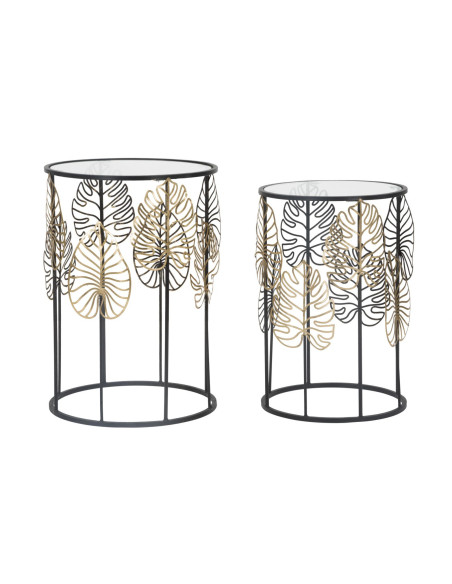Table d'appoint originale Ronde en Métal Noir Verre Motif feuilles Foglie (Lot de 2) 