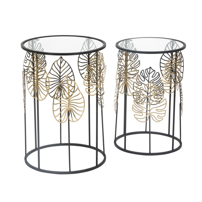 Table d'appoint originale Ronde en Métal Noir Verre Motif feuilles Foglie (Lot de 2) 