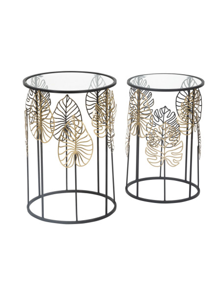 Table d'appoint originale Ronde en Métal Noir Verre Motif feuilles Foglie (Lot de 2) 