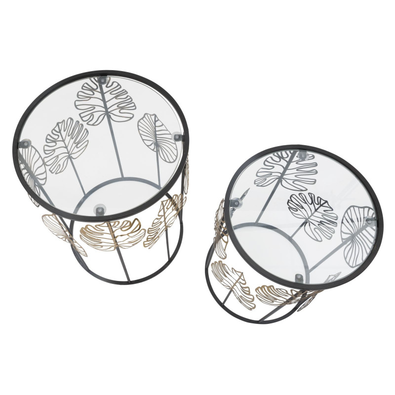 Table d'appoint originale Ronde en Métal Noir Verre Motif feuilles Foglie (Lot de 2) 