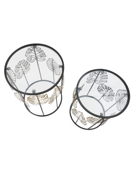 Table d'appoint originale Ronde en Métal Noir Verre Motif feuilles Foglie (Lot de 2) 