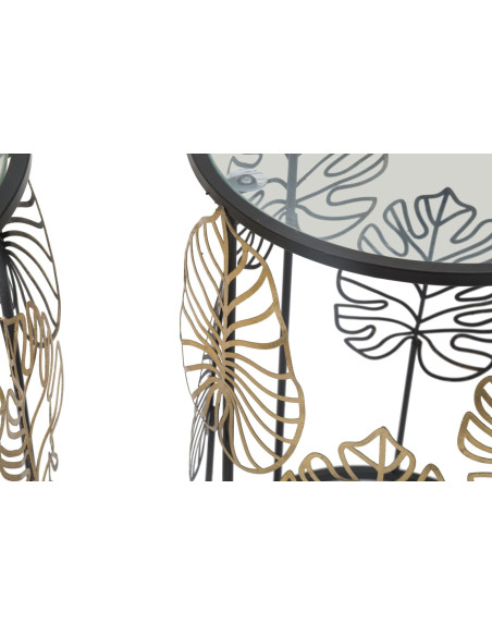 Table d'appoint originale Ronde en Métal Noir Verre Motif feuilles Foglie (Lot de 2) 
