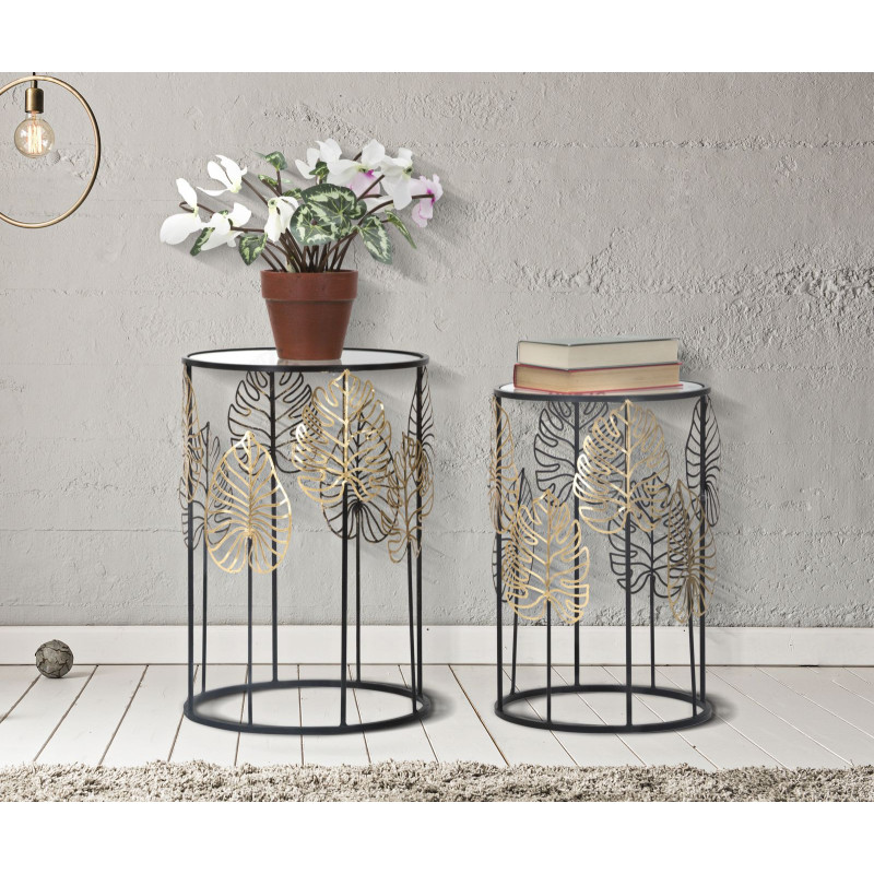 Table d'appoint originale Ronde en Métal Noir Verre Motif feuilles Foglie (Lot de 2) 