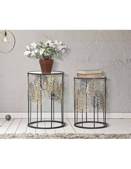 Table d'appoint originale Ronde en Métal Noir Verre Motif feuilles Foglie (Lot de 2) 