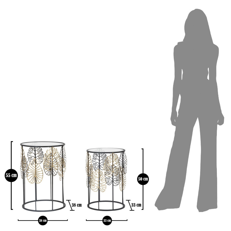 Table d'appoint originale Ronde en Métal Noir Verre Motif feuilles Foglie (Lot de 2) 