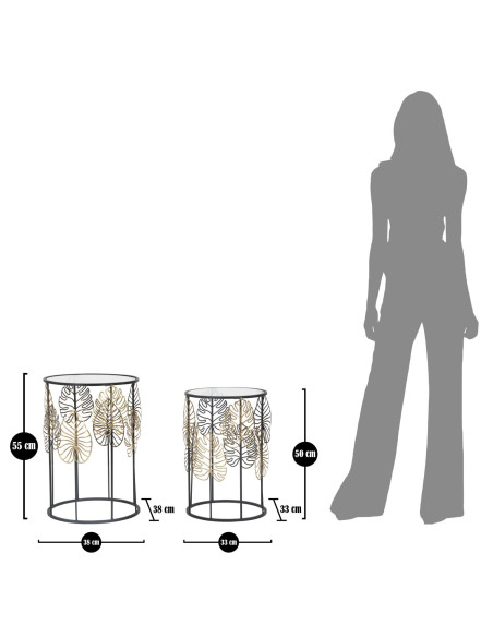 Table d'appoint originale Ronde en Métal Noir Verre Motif feuilles Foglie (Lot de 2) 