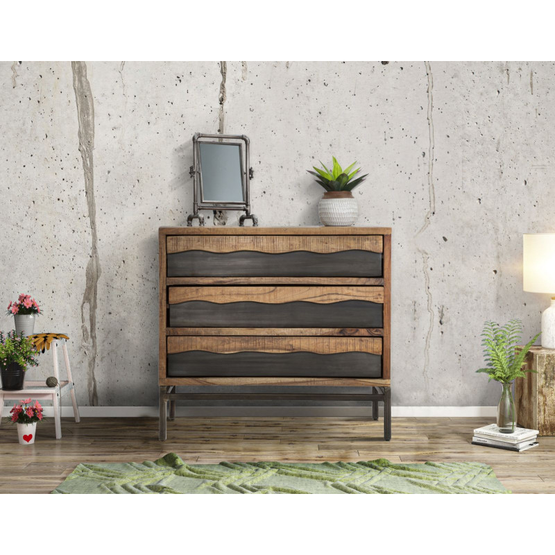 Commode moderne 3 tiroirs en Bois d'acacia Marron Métal Noir Yellowstone 