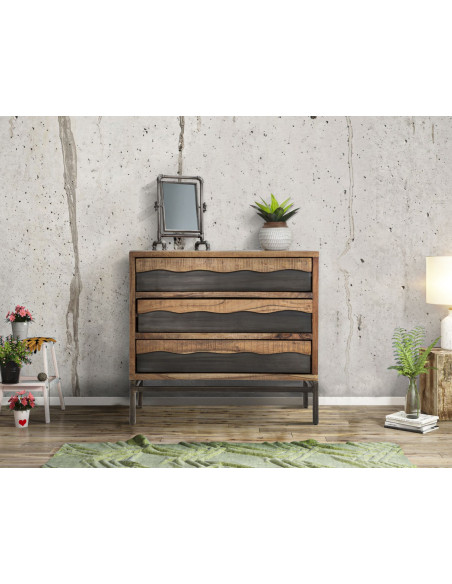 Commode moderne 3 tiroirs en Bois d'acacia Marron Métal Noir Yellowstone 