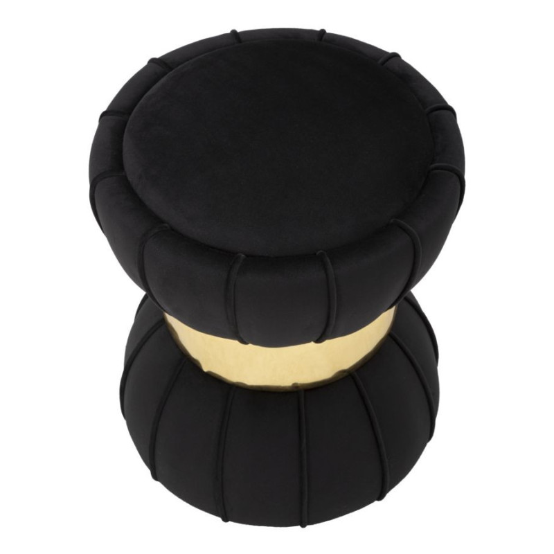 Pouf original Rond en Velours Noir Simili Doré Bois Flower 